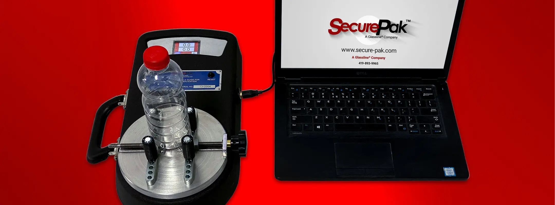 SecurePak Digital Torque Tester measuring bottle cap application torque with water bottle on testing platform and computer interface displaying torque readings